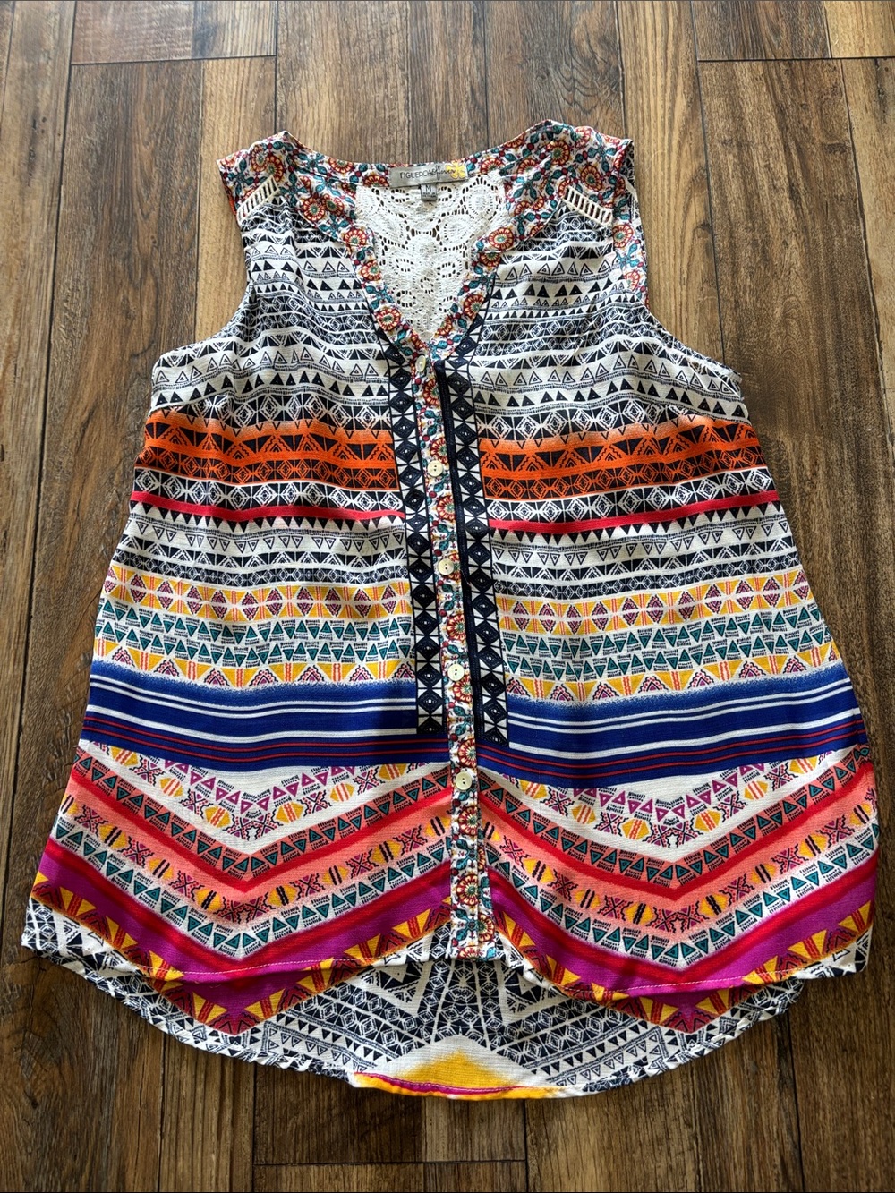 Crochet-Trim Multicolor Tribal Print Sleeveless Tunic